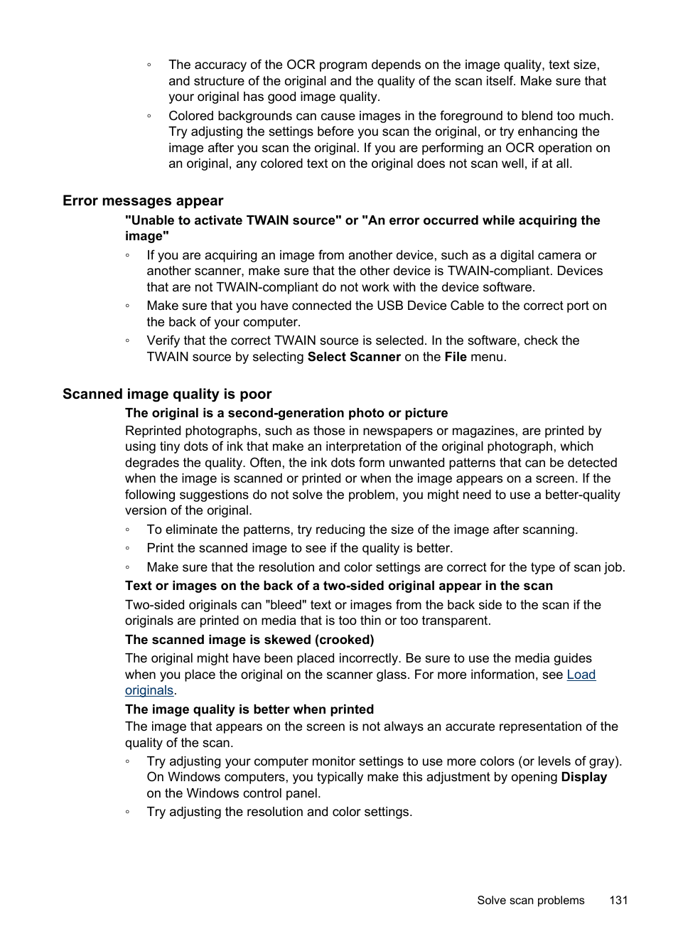 Error messages appear, Scanned image quality is poor | HP Officejet J4680 User Manual | Page 135 / 196