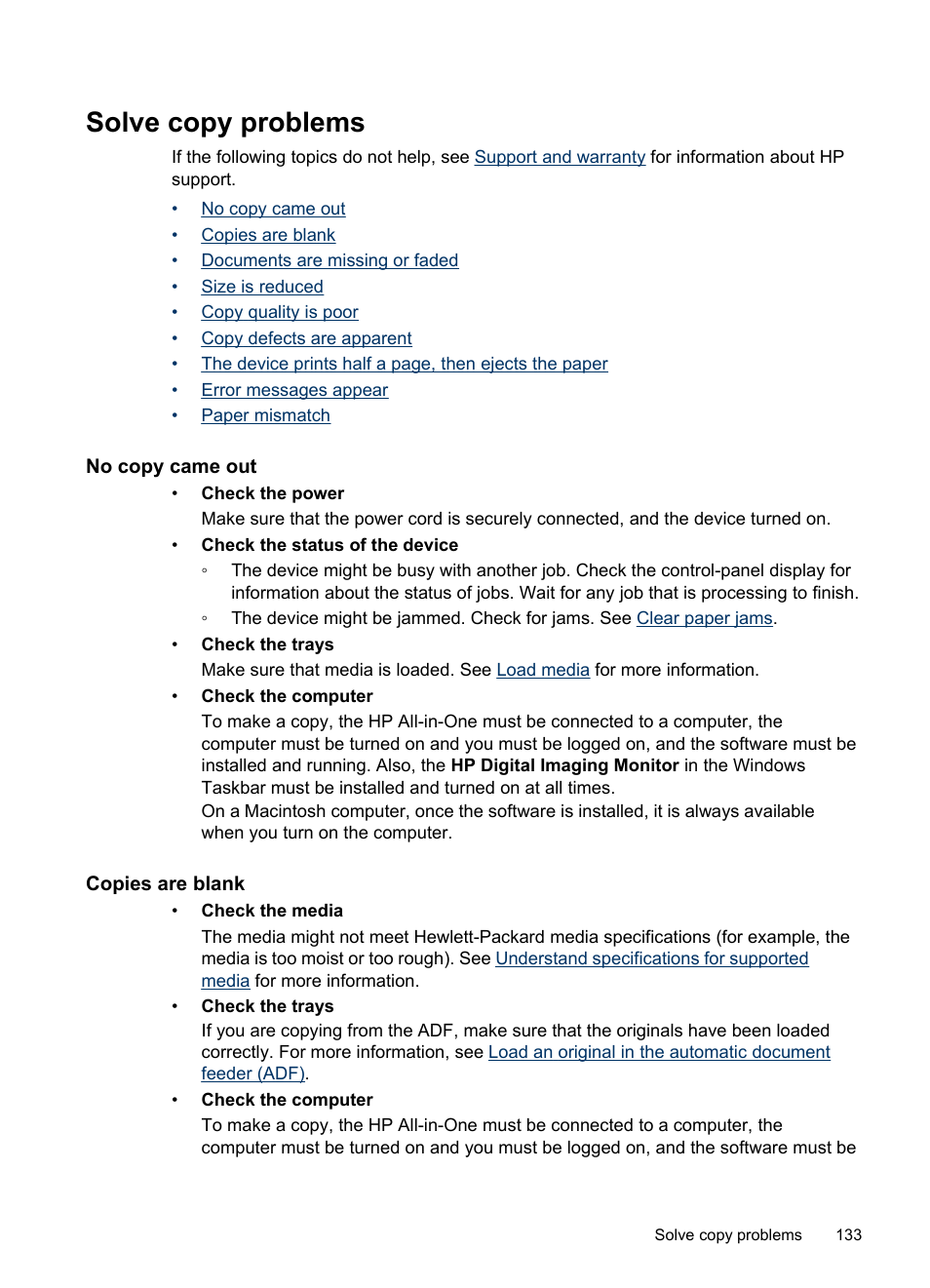 Solve copy problems, No copy came out, Copies are blank | HP Officejet J4680 User Manual | Page 137 / 196