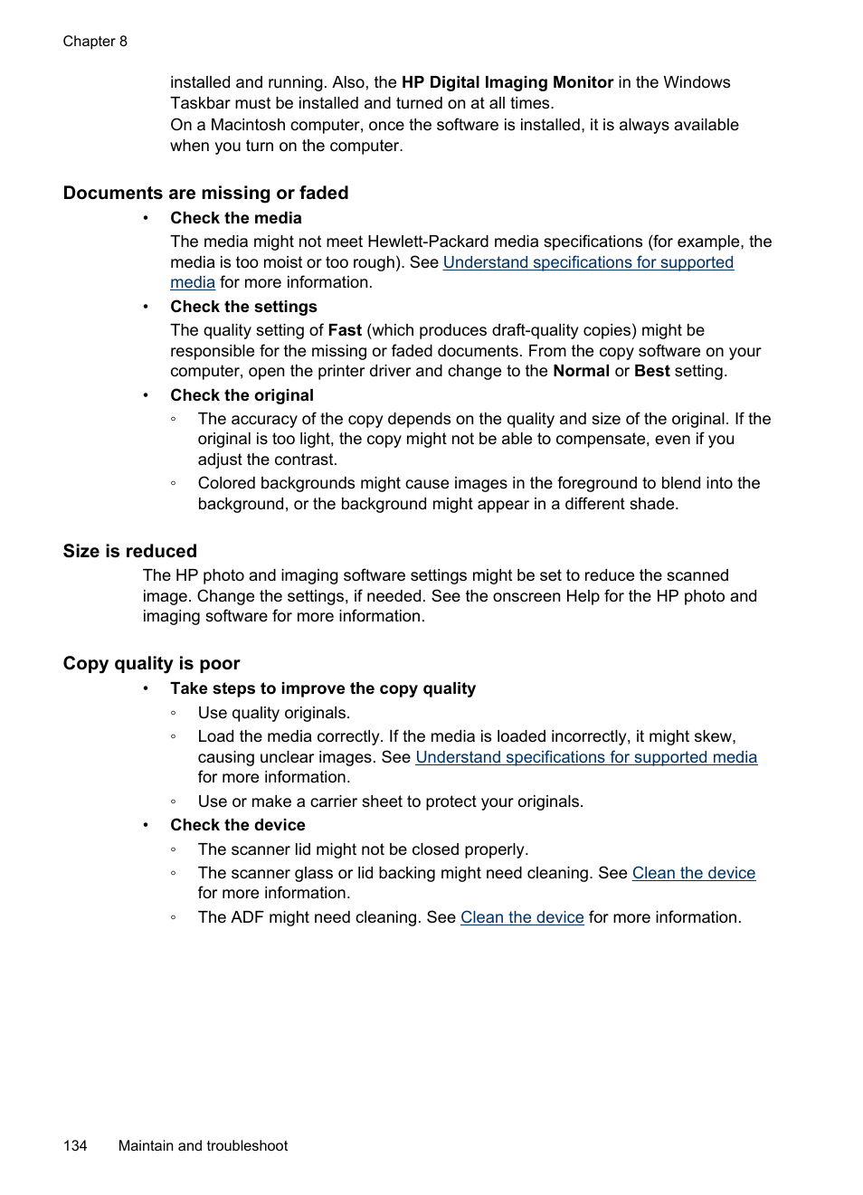 Documents are missing or faded, Size is reduced, Copy quality is poor | HP Officejet J4680 User Manual | Page 138 / 196