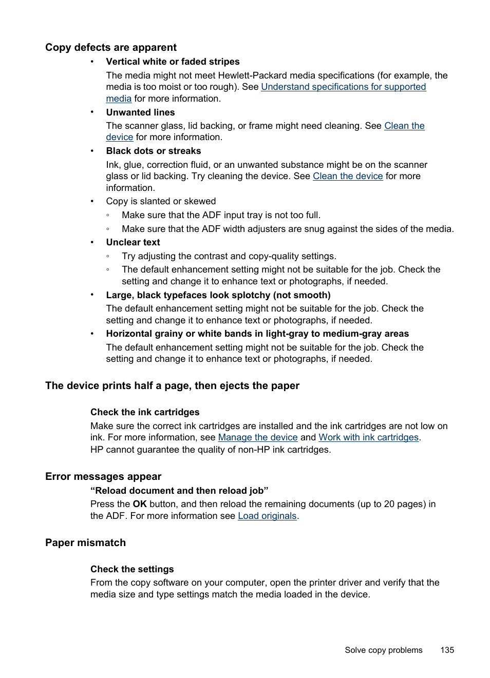 Copy defects are apparent, Error messages appear, Paper mismatch | HP Officejet J4680 User Manual | Page 139 / 196