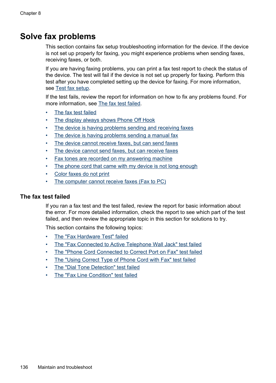 Solve fax problems, The fax test failed | HP Officejet J4680 User Manual | Page 140 / 196