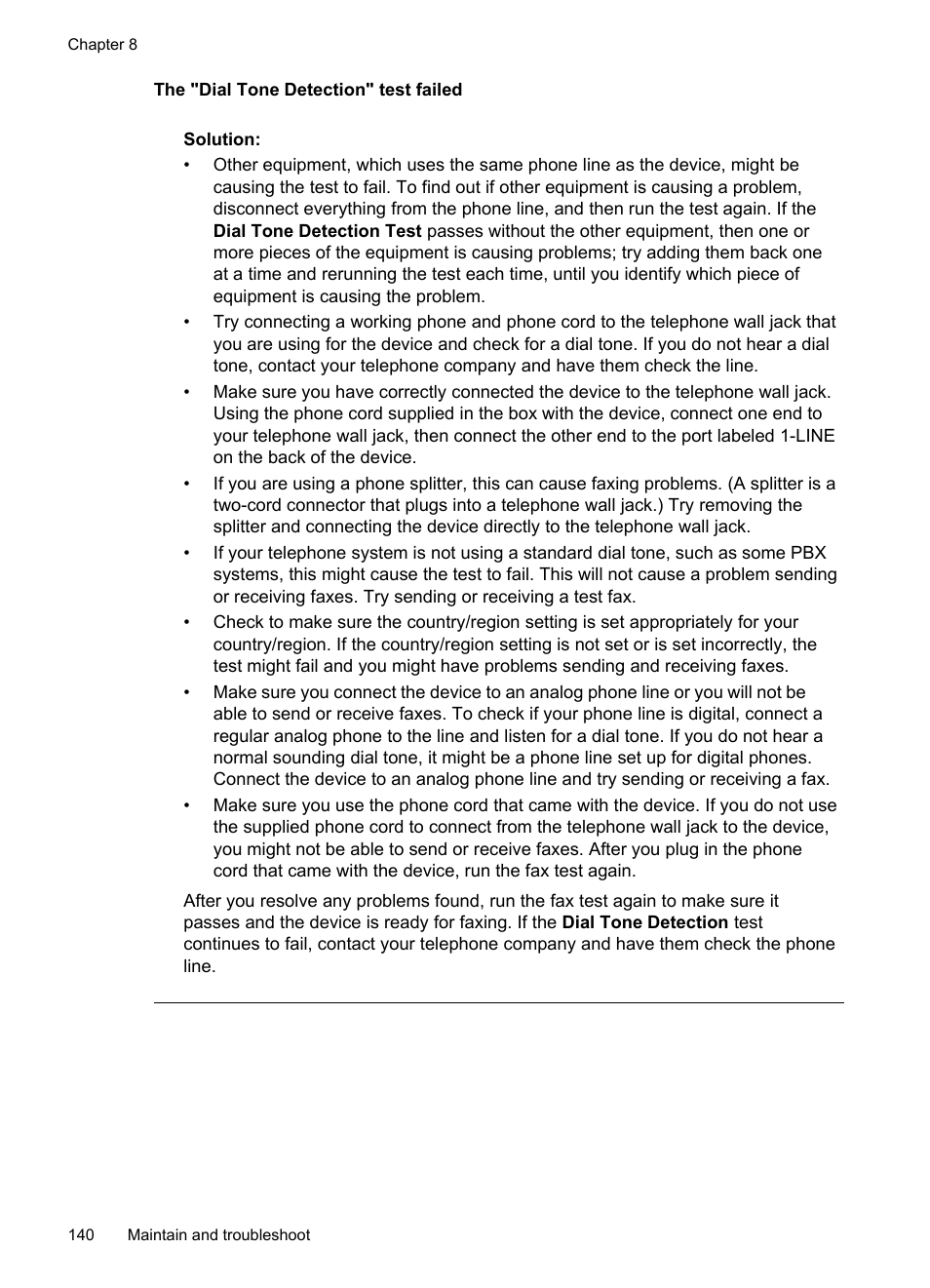 The "dial tone detection" test failed | HP Officejet J4680 User Manual | Page 144 / 196