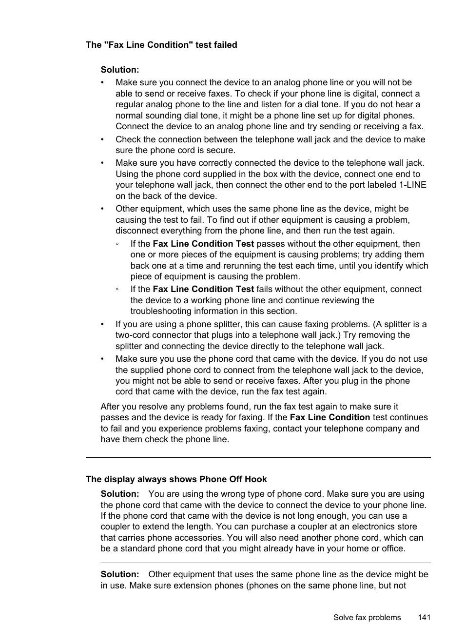 The display always shows phone off hook, The "fax line condition" test failed | HP Officejet J4680 User Manual | Page 145 / 196