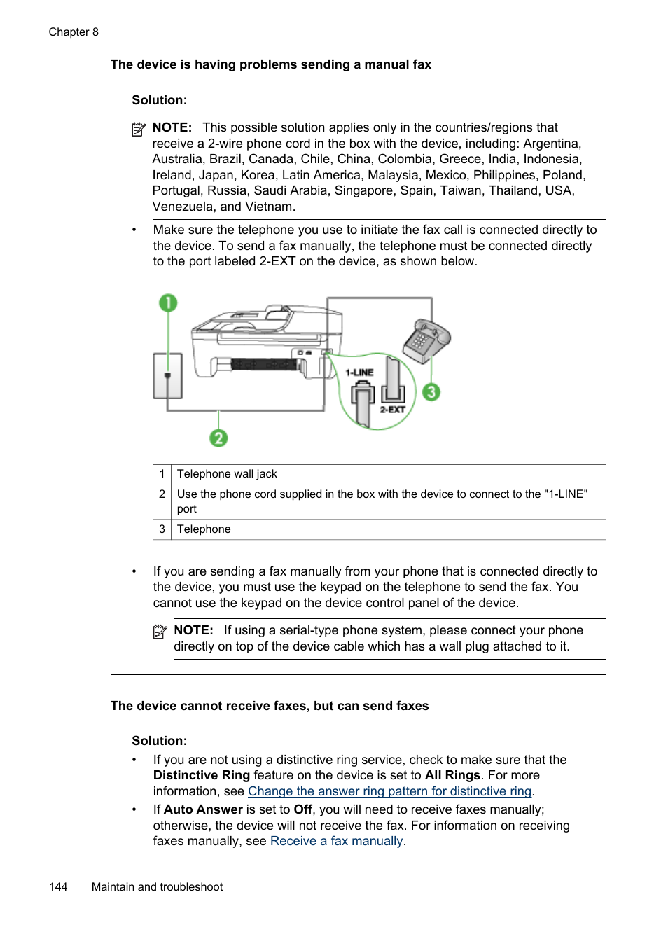 The device is having problems sending a manual fax | HP Officejet J4680 User Manual | Page 148 / 196