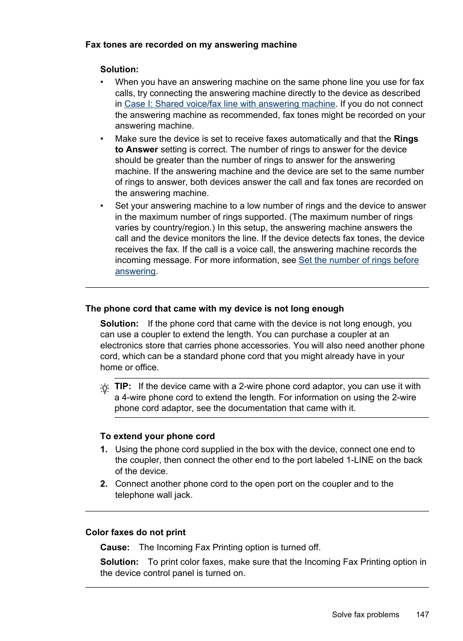 Fax tones are recorded on my answering machine, Color faxes do not print | HP Officejet J4680 User Manual | Page 151 / 196