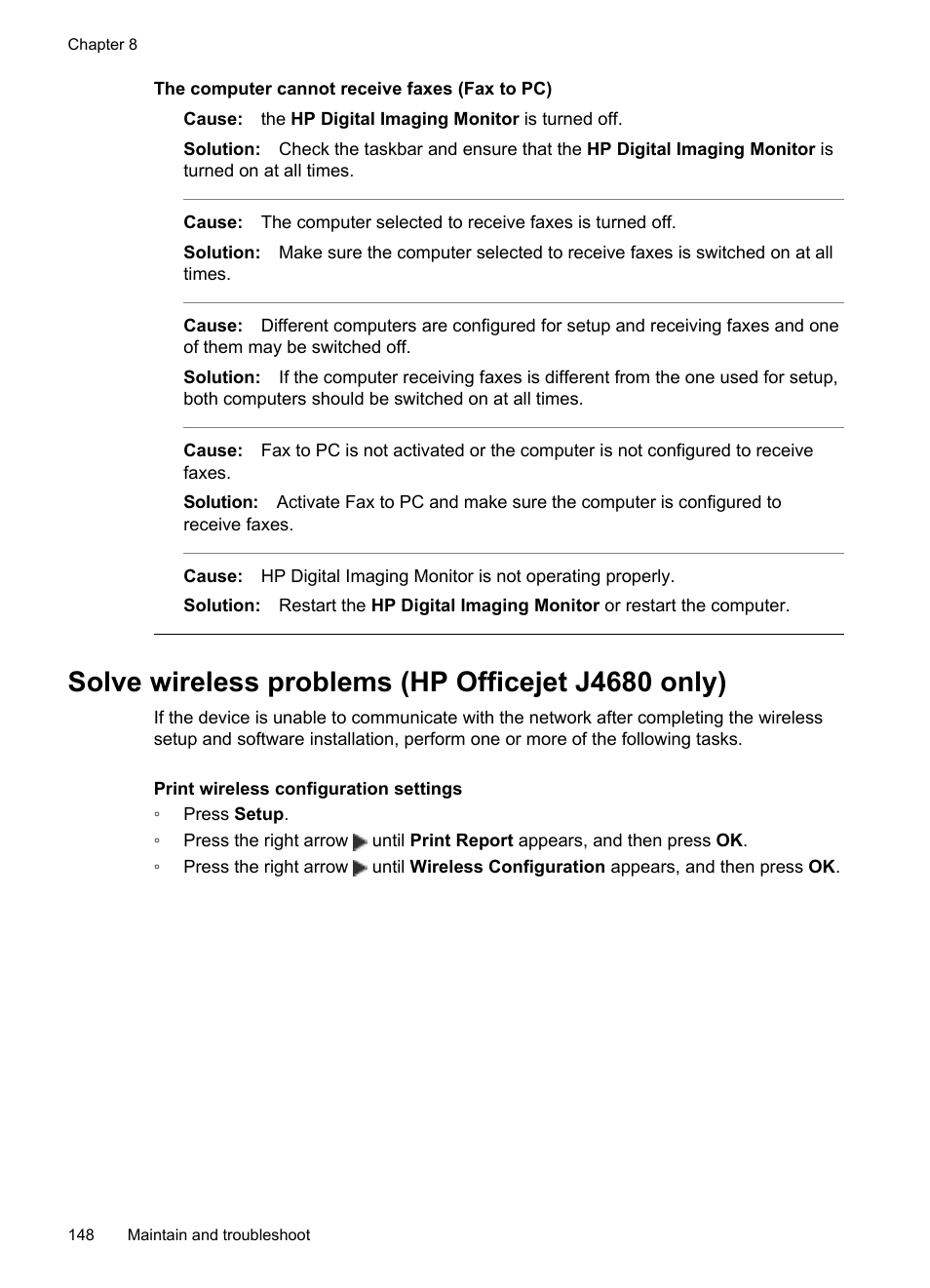 Solve wireless problems (hp officejet j4680 only), Problems, see, Solve wireless problems (hp officejet | J4680 only), Print wireless configuration settings, The computer cannot receive faxes (fax to pc) | HP Officejet J4680 User Manual | Page 152 / 196