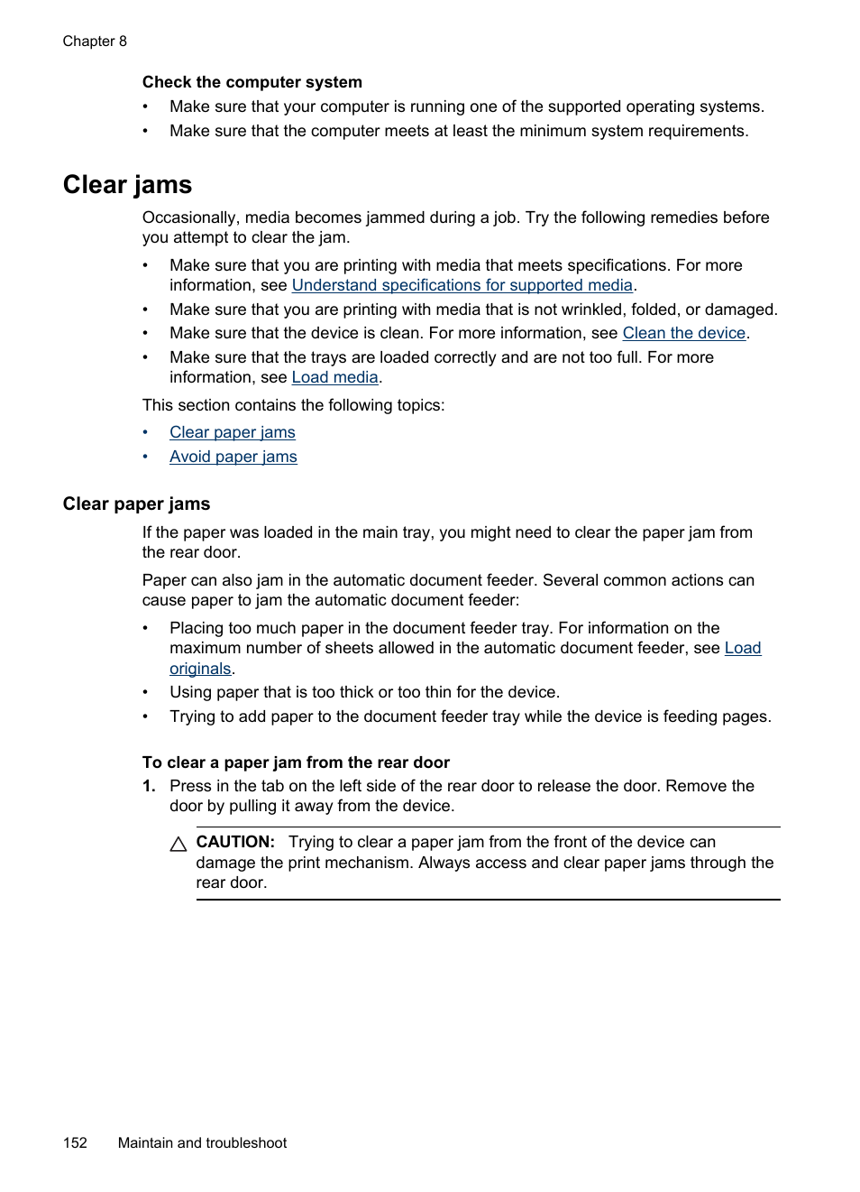 Clear jams, Clear paper jams, Clear paper jams avoid paper jams | A paper jam, see, Check for jams. see | HP Officejet J4680 User Manual | Page 156 / 196