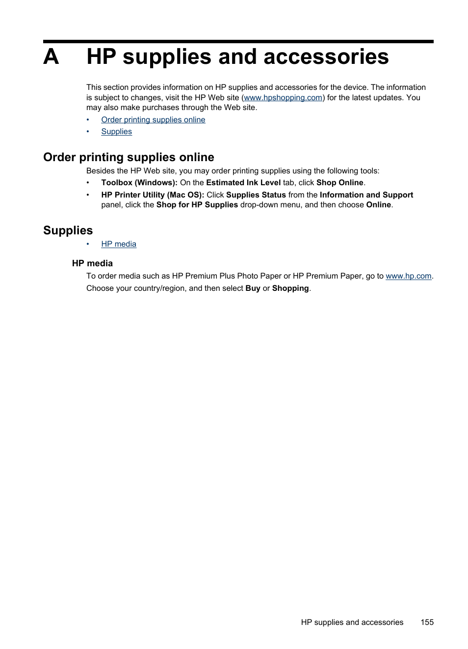 Hp supplies and accessories, Order printing supplies online, Supplies | Hp media, A hp supplies and accessories, Order printing supplies online supplies, Ahp supplies and accessories | HP Officejet J4680 User Manual | Page 159 / 196