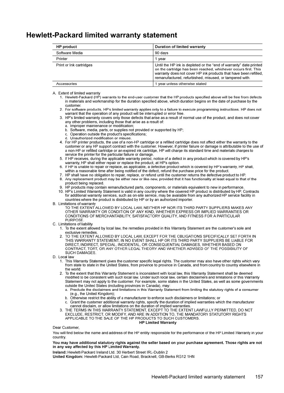 Hewlett-packard limited warranty statement | HP Officejet J4680 User Manual | Page 161 / 196