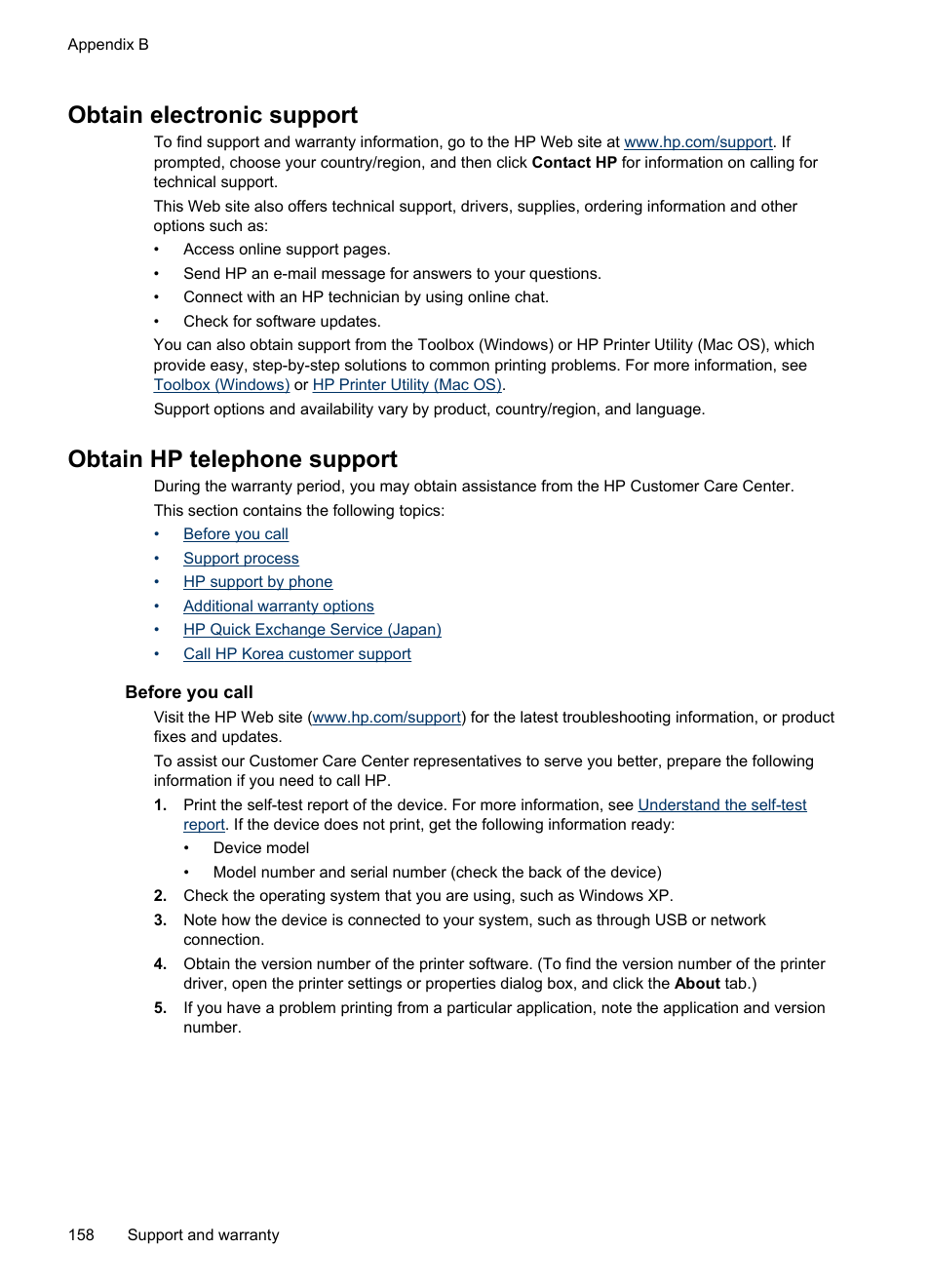 Obtain electronic support, Obtain hp telephone support, Before you call | HP Officejet J4680 User Manual | Page 162 / 196