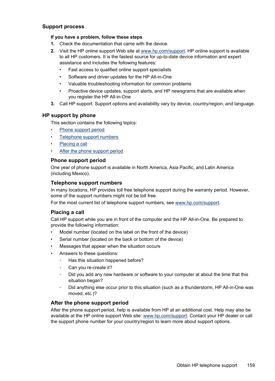 Support process, Hp support by phone, Phone support period | Telephone support numbers, Placing a call, After the phone support period | HP Officejet J4680 User Manual | Page 163 / 196