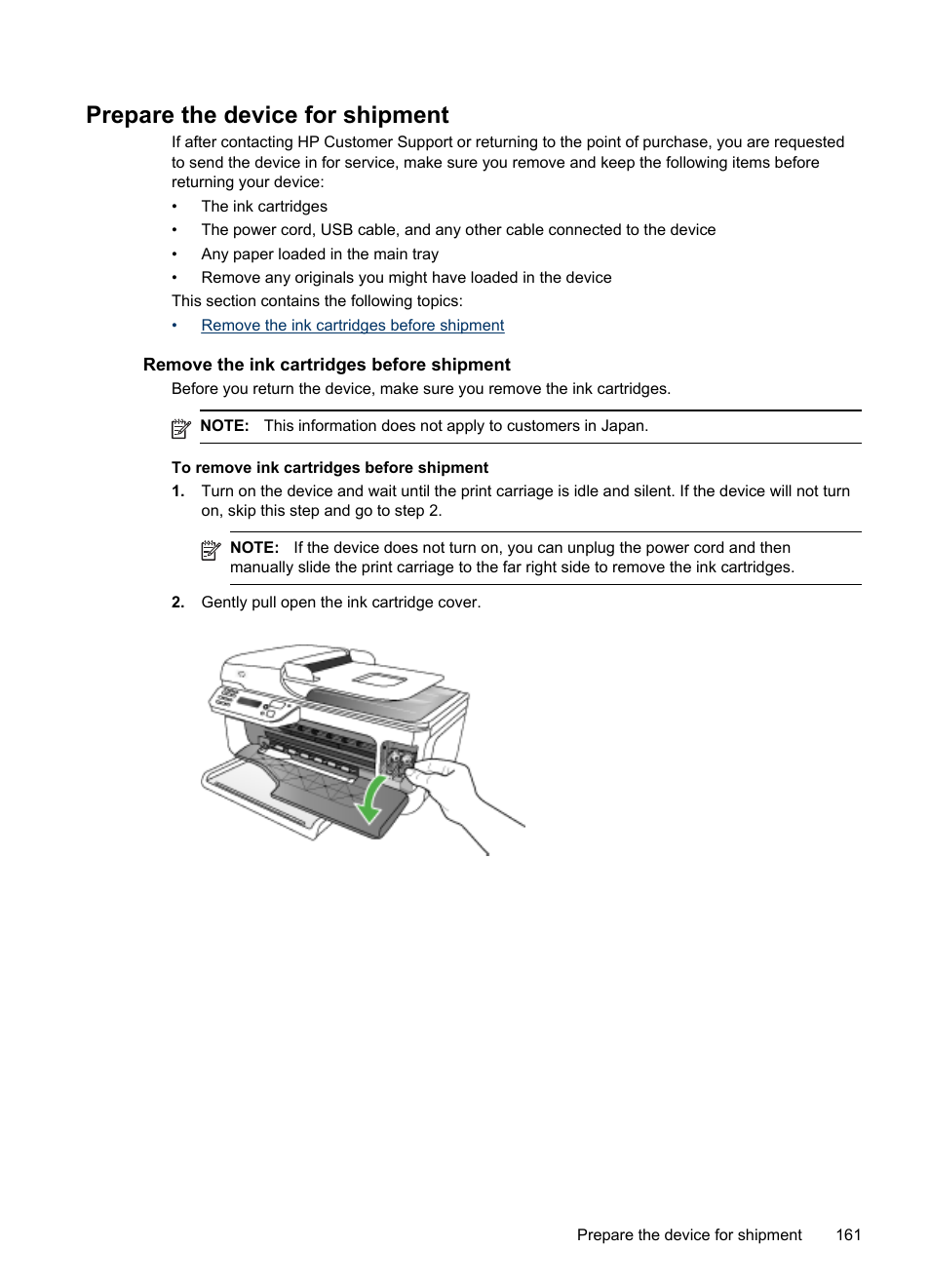 Prepare the device for shipment, Remove the ink cartridges before shipment | HP Officejet J4680 User Manual | Page 165 / 196