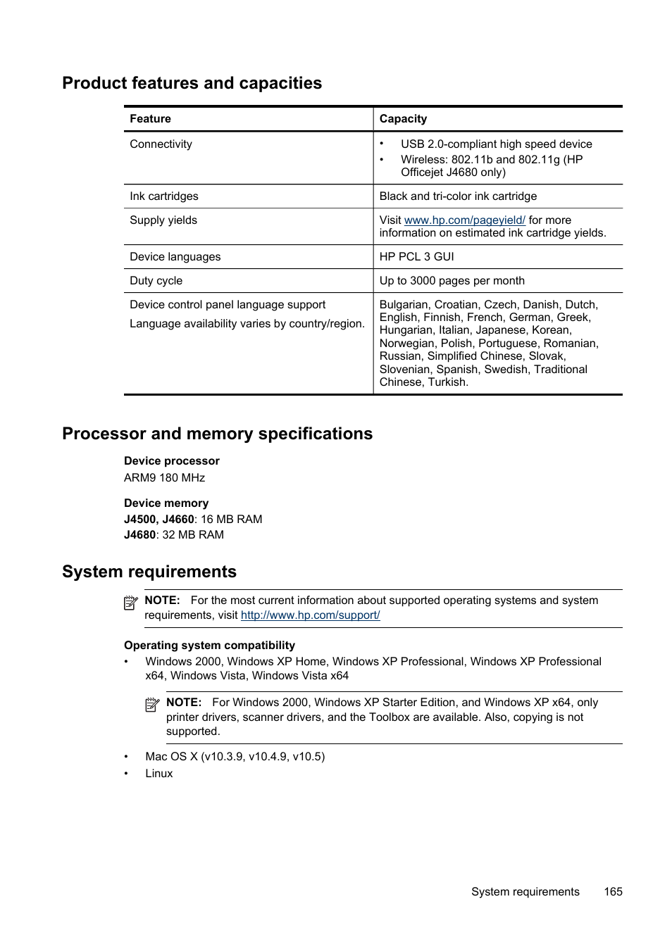 Product features and capacities, Processor and memory specifications, System requirements | Operating system compatibility | HP Officejet J4680 User Manual | Page 169 / 196