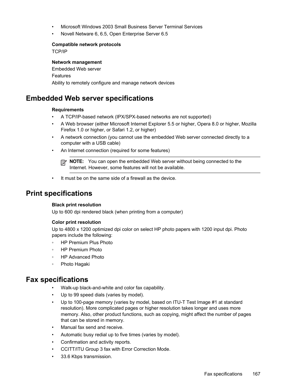 Embedded web server specifications, Print specifications, Fax specifications | HP Officejet J4680 User Manual | Page 171 / 196