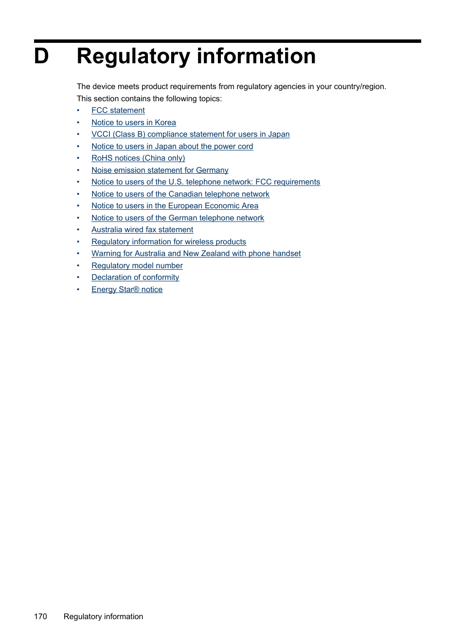 Regulatory information, D regulatory information, Dregulatory information | HP Officejet J4680 User Manual | Page 174 / 196