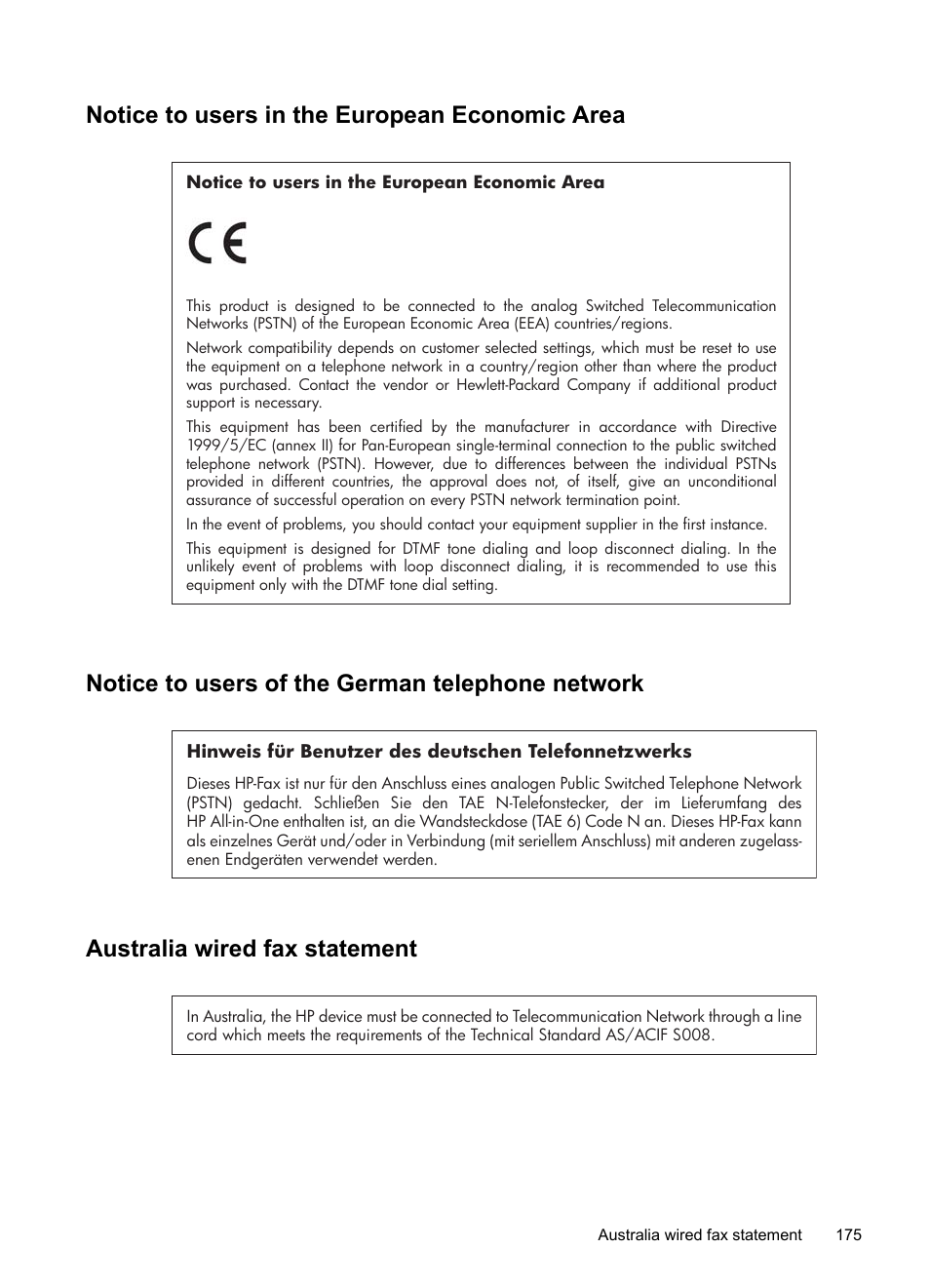 Notice to users in the european economic area, Notice to users of the german telephone network, Australia wired fax statement | HP Officejet J4680 User Manual | Page 179 / 196