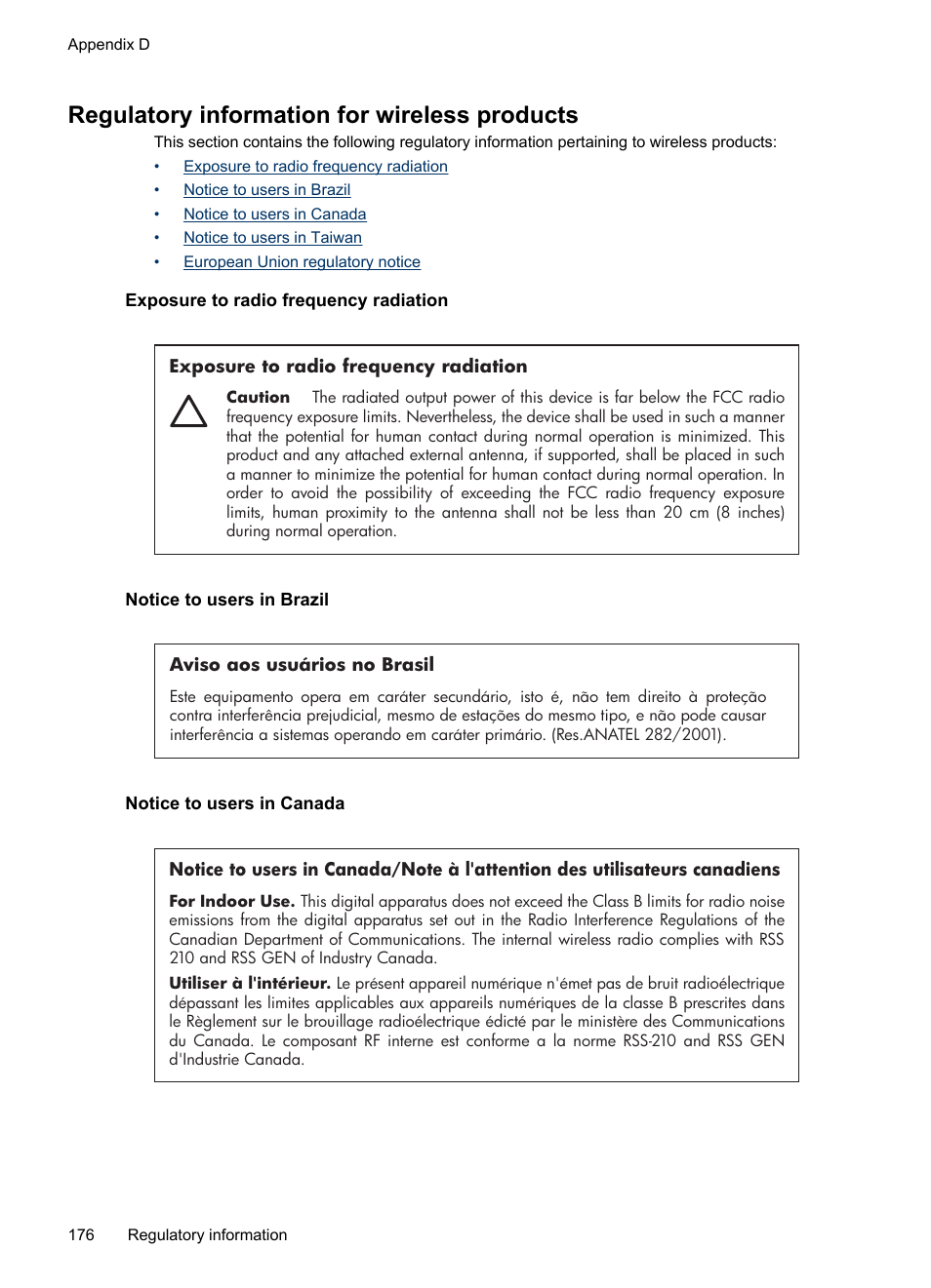 Regulatory information for wireless products, Exposure to radio frequency radiation, Notice to users in brazil | Notice to users in canada | HP Officejet J4680 User Manual | Page 180 / 196