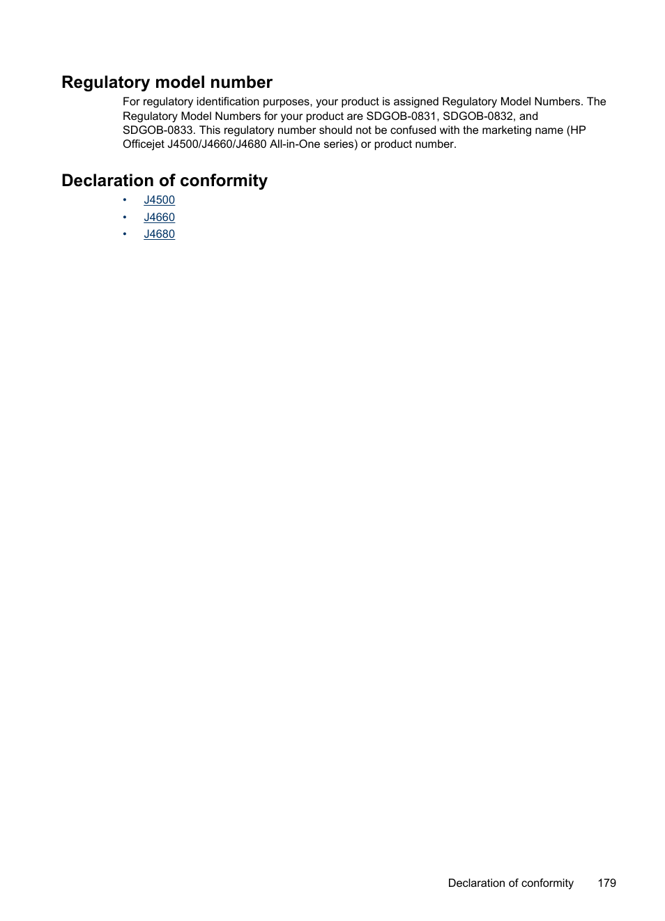 Regulatory model number, Declaration of conformity, J4500 j4660 j4680 | HP Officejet J4680 User Manual | Page 183 / 196