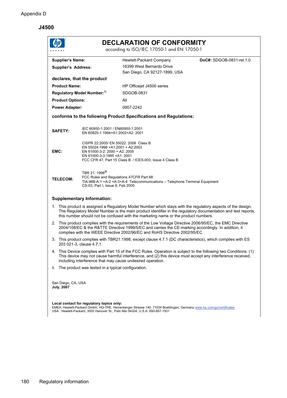 J4500, Declaration of conformity | HP Officejet J4680 User Manual | Page 184 / 196