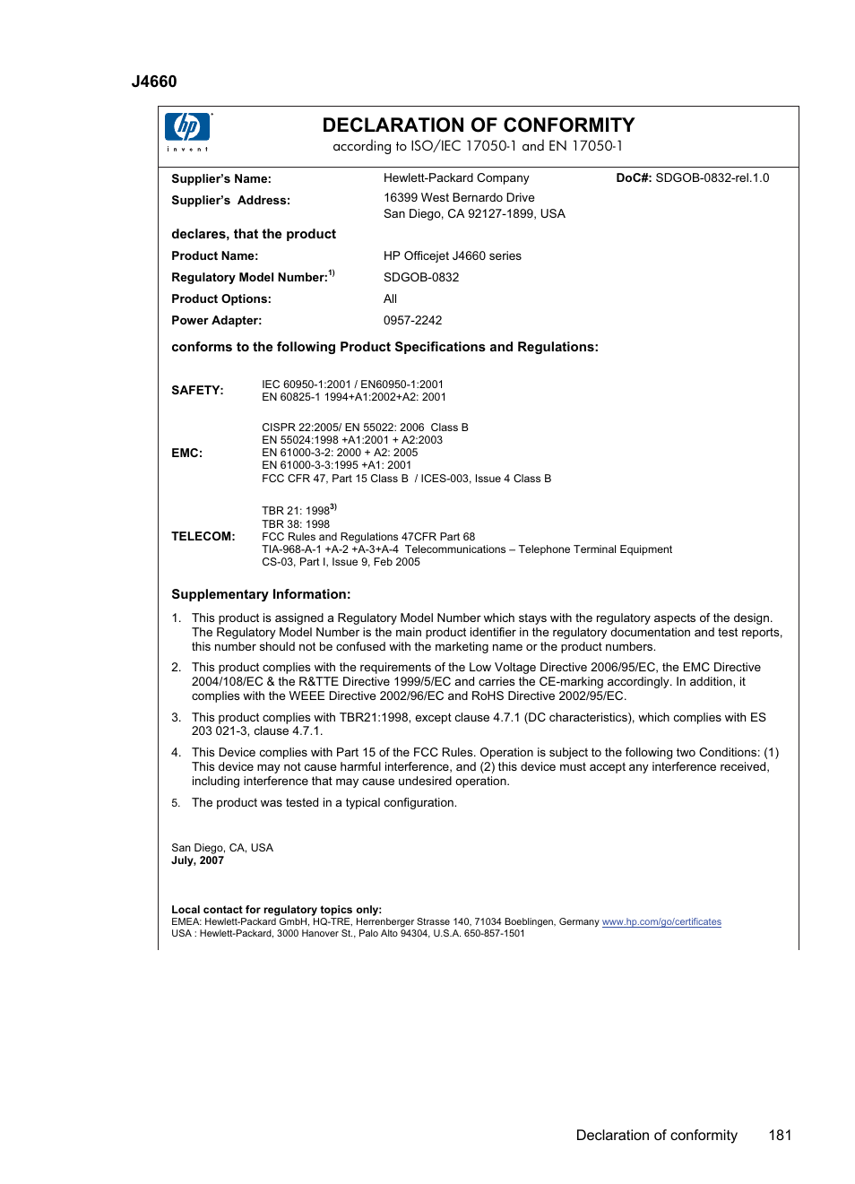 J4660, Declaration of conformity | HP Officejet J4680 User Manual | Page 185 / 196