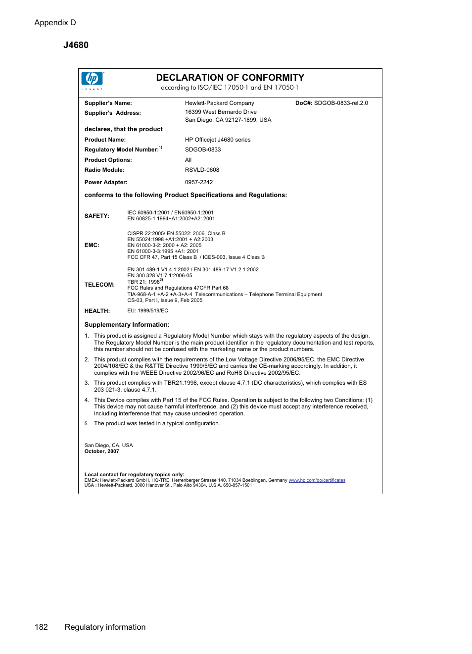 J4680, J4680 declaration of conformity, Appendix d 182 regulatory information | HP Officejet J4680 User Manual | Page 186 / 196