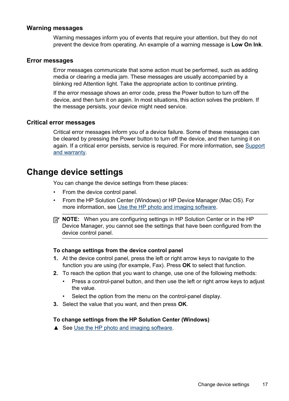 Warning messages, Error messages, Critical error messages | Change device settings | HP Officejet J4680 User Manual | Page 21 / 196