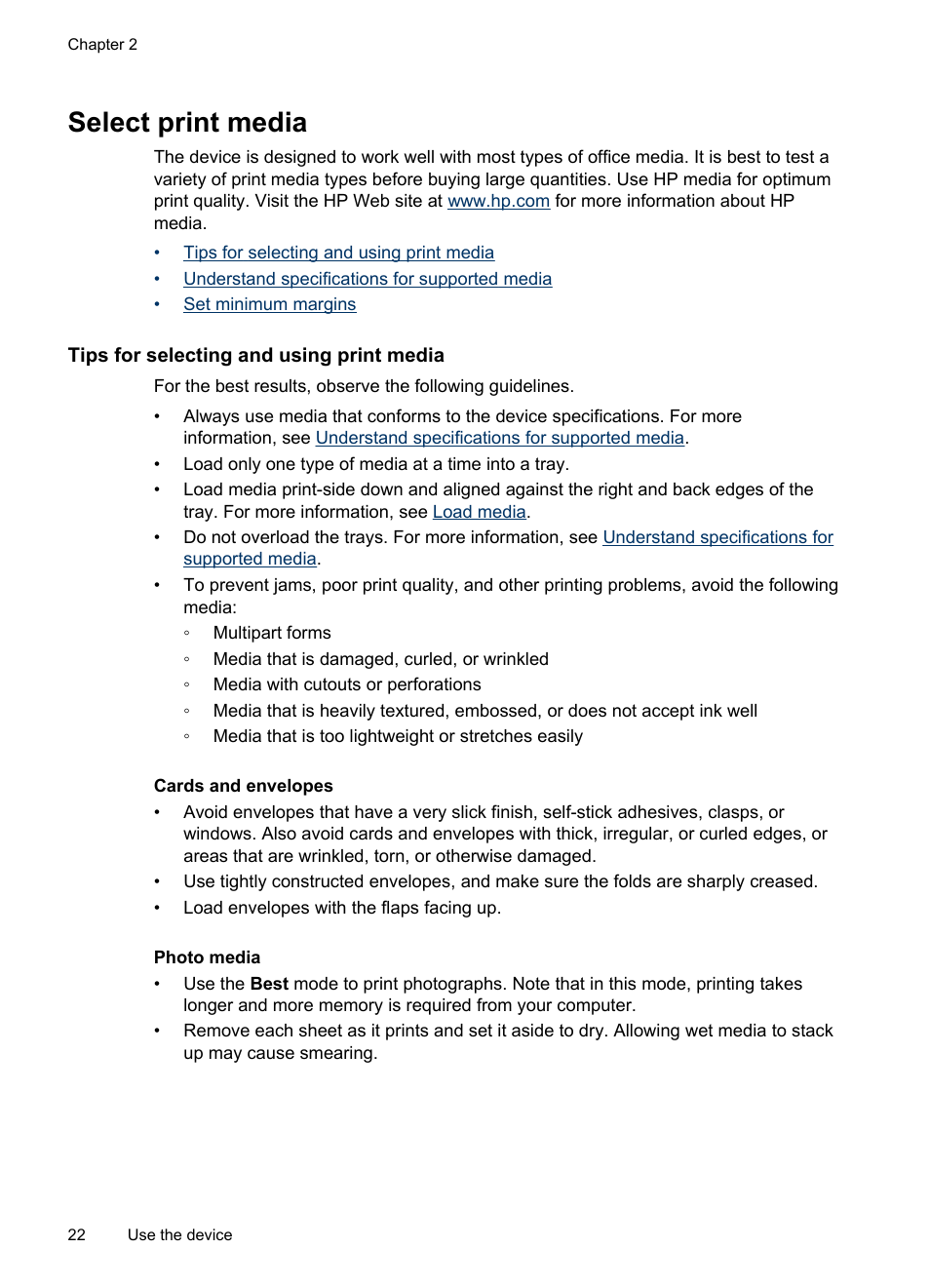 Select print media, Tips for selecting and using print media, Set minimum margins | HP Officejet J4680 User Manual | Page 26 / 196