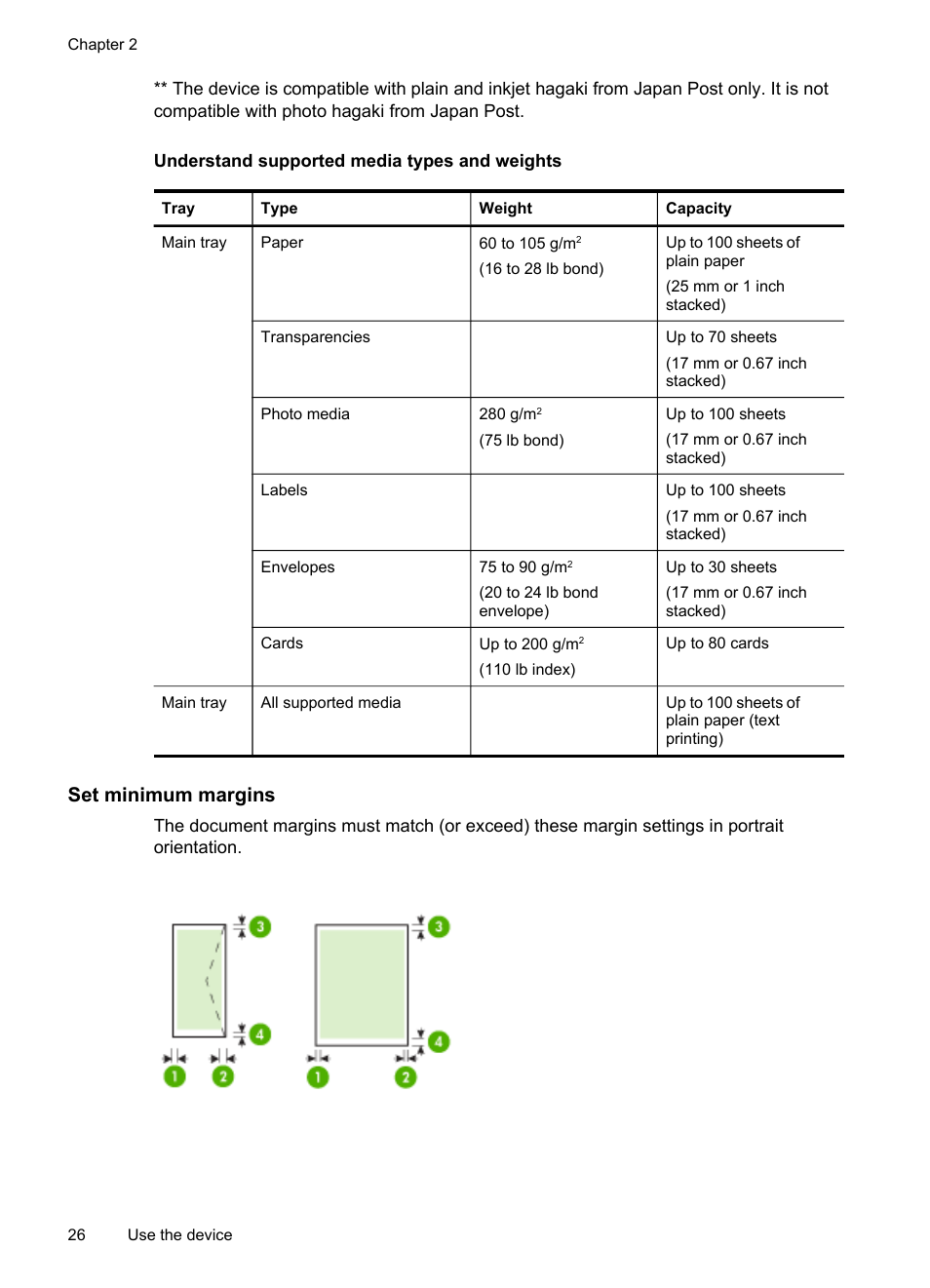 Understand supported media types and weights, Set minimum margins, Understand supported media types and | Weights | HP Officejet J4680 User Manual | Page 30 / 196