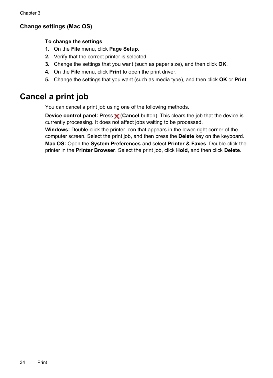 Change settings (mac os), Cancel a print job | HP Officejet J4680 User Manual | Page 38 / 196