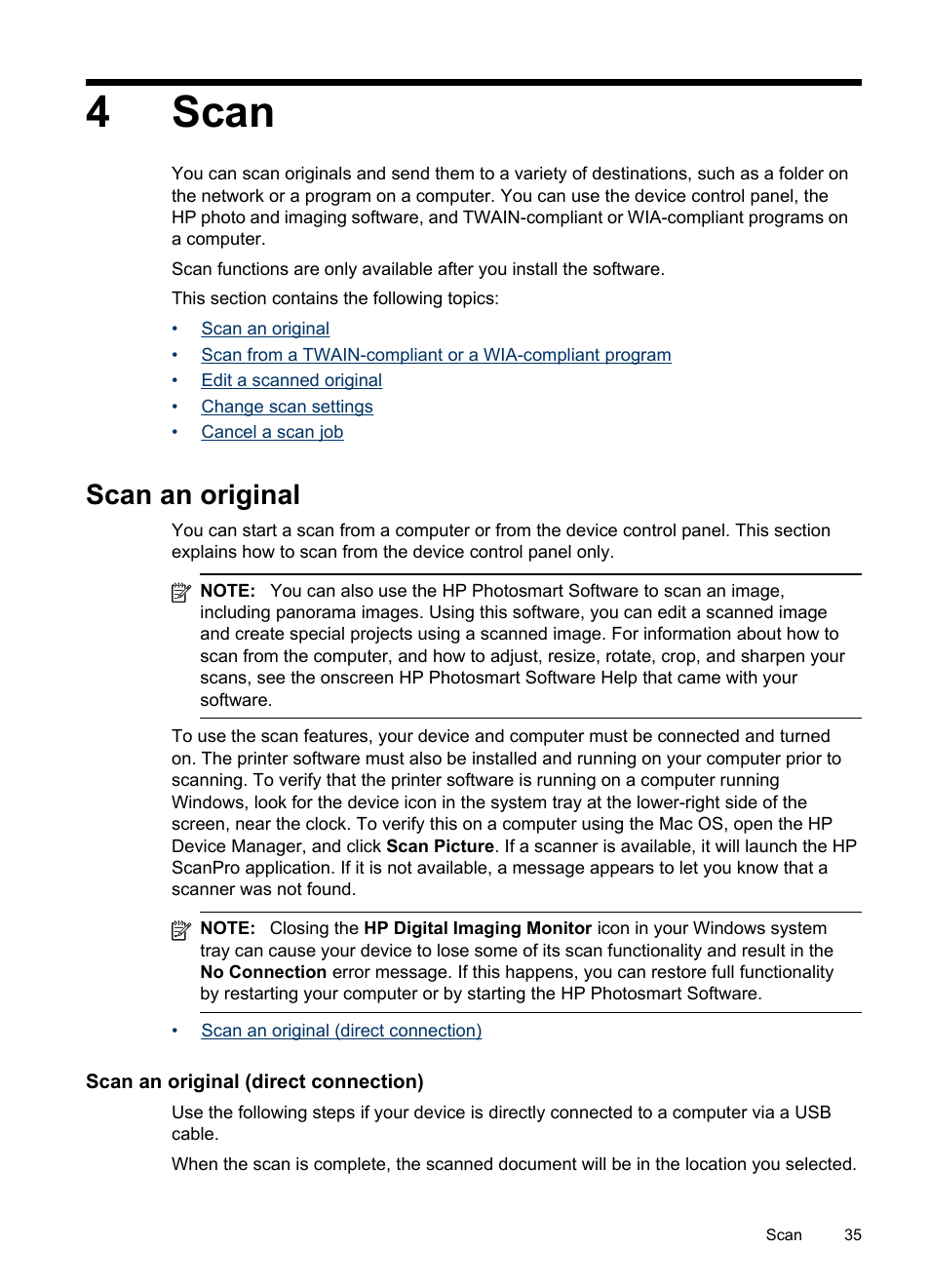 Scan, Scan an original, Scan an original (direct connection) | 4 scan, 4scan | HP Officejet J4680 User Manual | Page 39 / 196