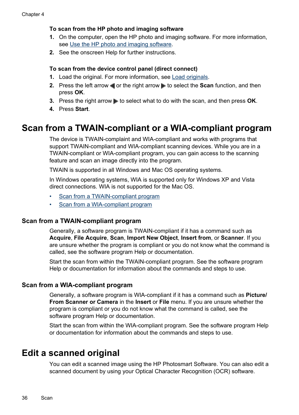 Scan from a twain-compliant program, Scan from a wia-compliant program, Edit a scanned original | HP Officejet J4680 User Manual | Page 40 / 196