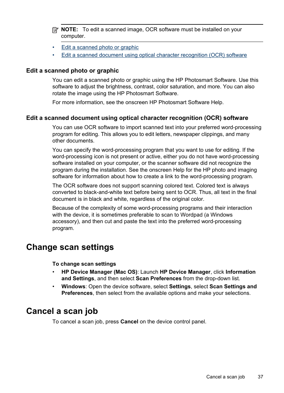 Edit a scanned photo or graphic, Change scan settings, Cancel a scan job | Change scan settings cancel a scan job | HP Officejet J4680 User Manual | Page 41 / 196