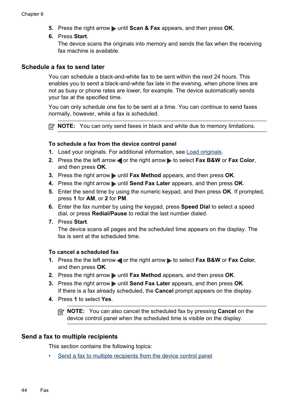 Schedule a fax to send later, Send a fax to multiple recipients | HP Officejet J4680 User Manual | Page 48 / 196