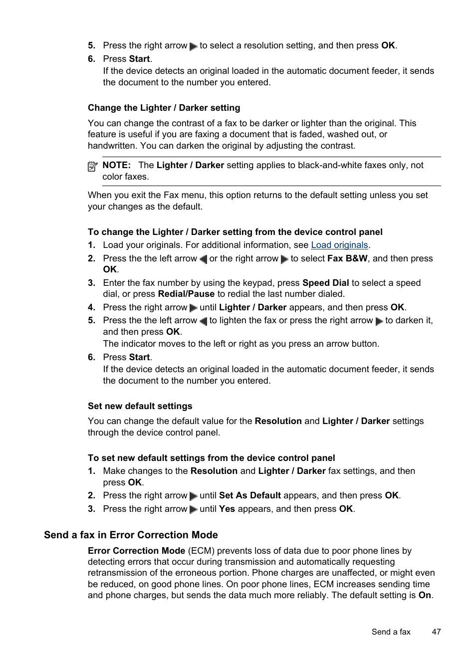 Change the lighter / darker setting, Set new default settings, Send a fax in error correction mode | HP Officejet J4680 User Manual | Page 51 / 196