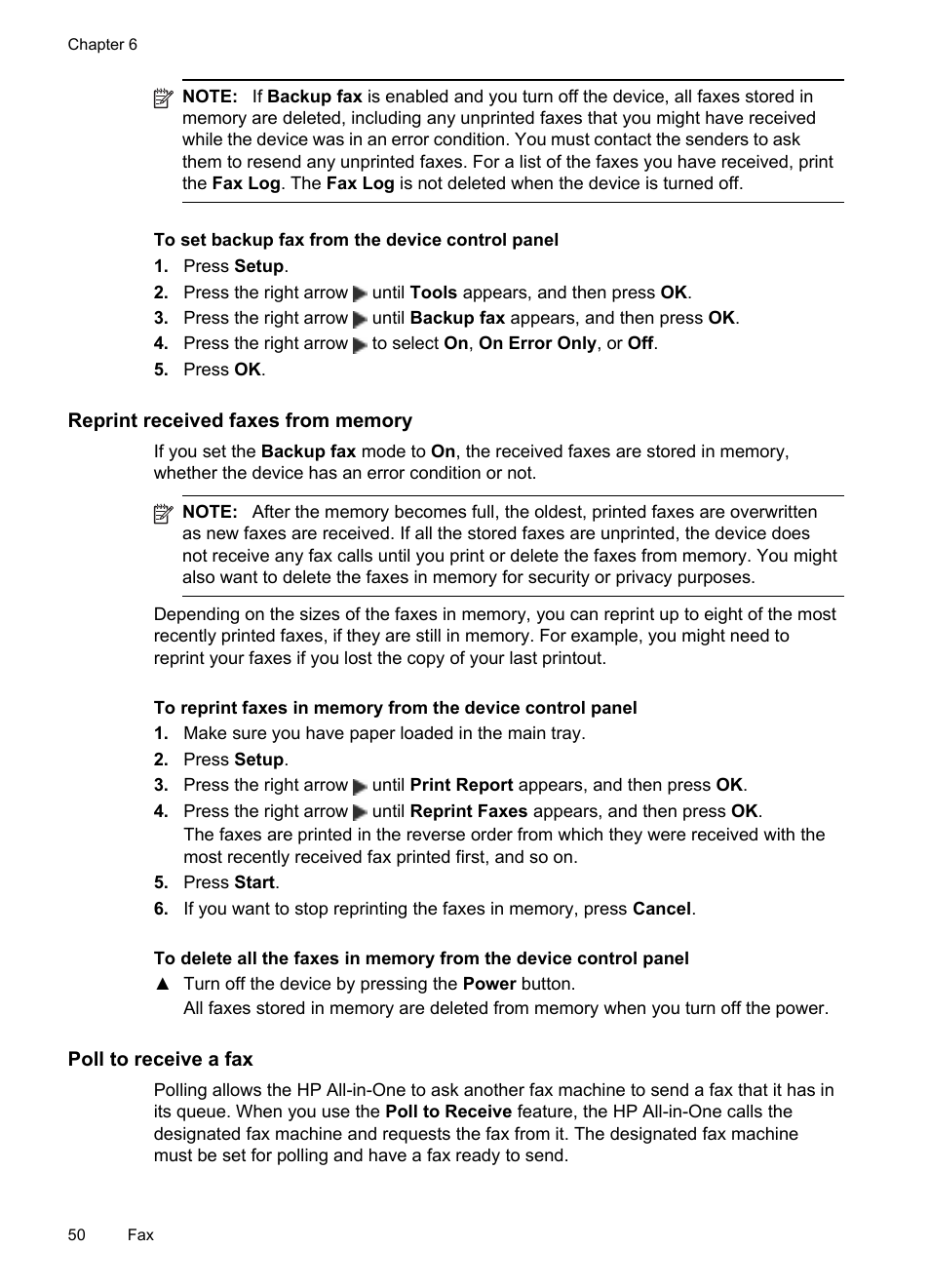 Reprint received faxes from memory, Poll to receive a fax | HP Officejet J4680 User Manual | Page 54 / 196