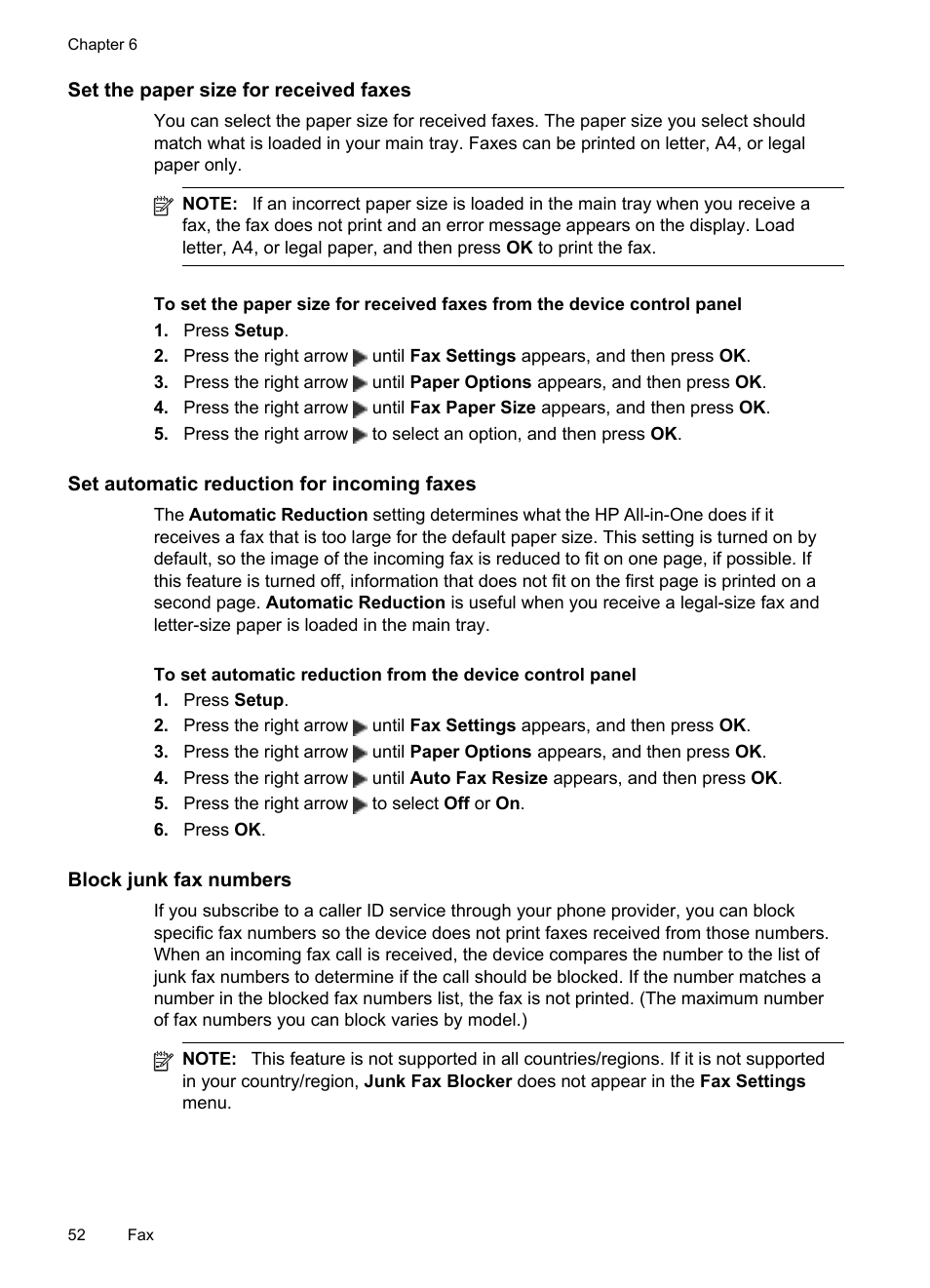 Set the paper size for received faxes, Set automatic reduction for incoming faxes, Block junk fax numbers | HP Officejet J4680 User Manual | Page 56 / 196