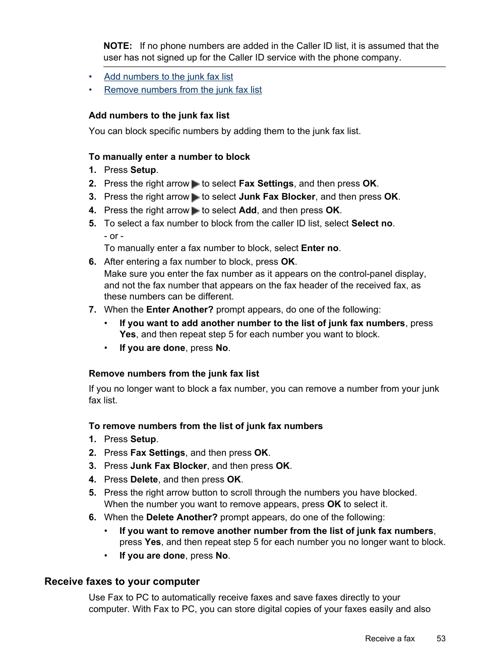 Add numbers to the junk fax list, Remove numbers from the junk fax list, Receive faxes to your computer | HP Officejet J4680 User Manual | Page 57 / 196