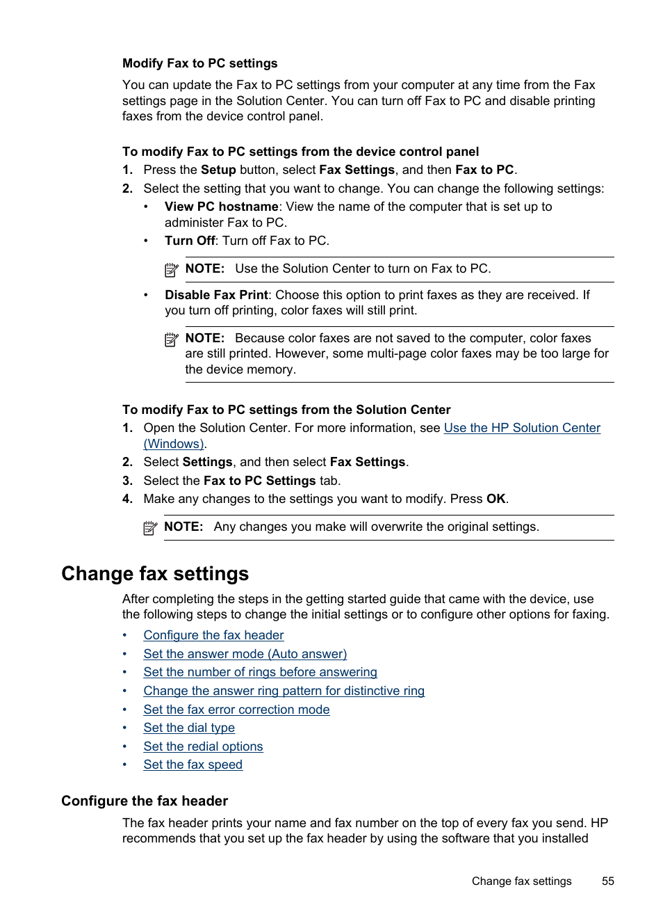 Modify fax to pc settings, Change fax settings, Configure the fax header | HP Officejet J4680 User Manual | Page 59 / 196