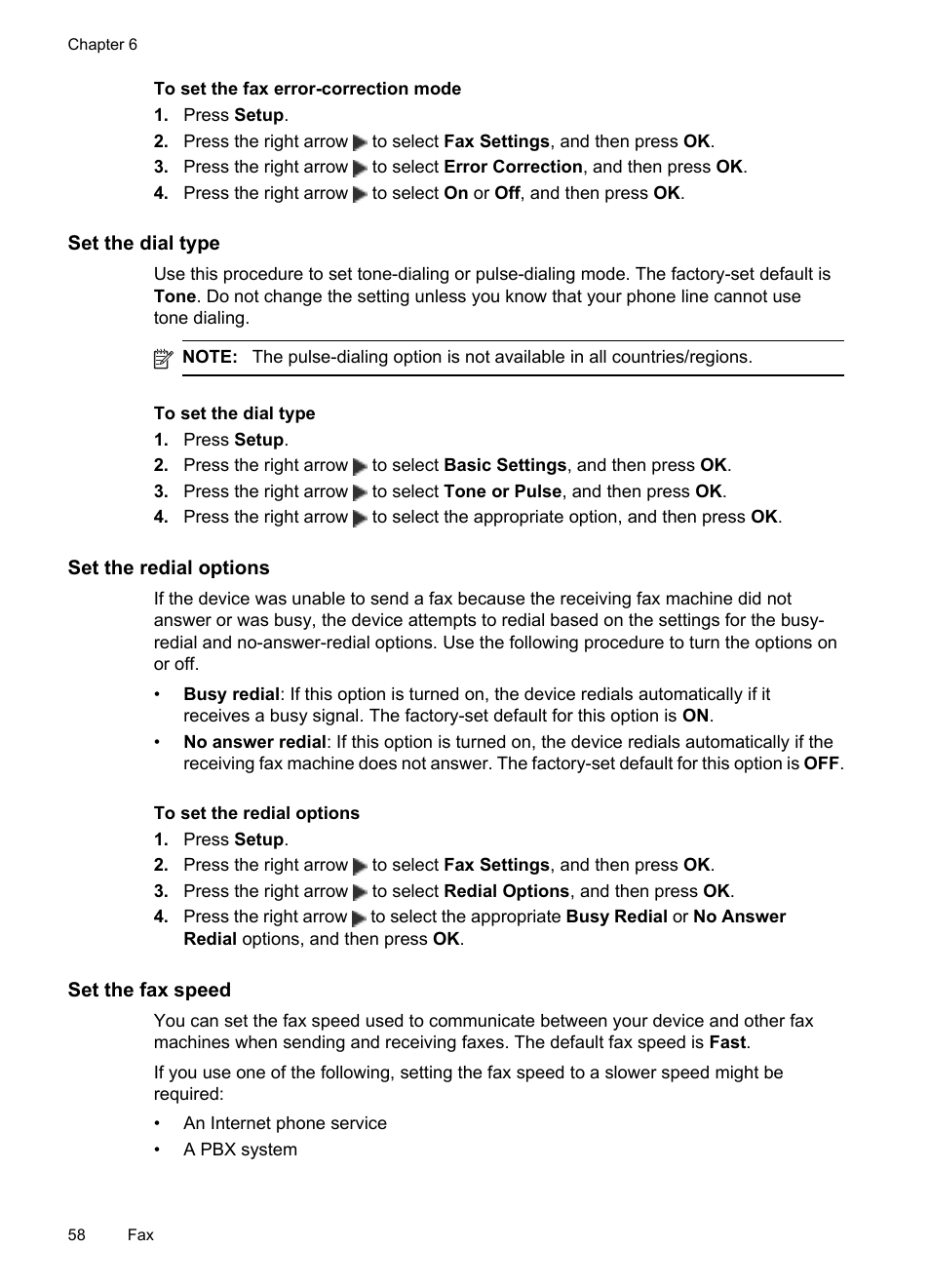 Set the dial type, Set the redial options, Set the fax speed | HP Officejet J4680 User Manual | Page 62 / 196