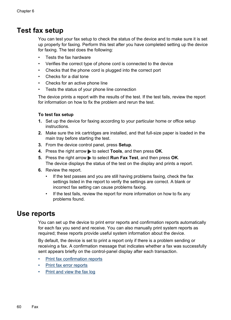 Test fax setup, Use reports, Test fax setup use reports | HP Officejet J4680 User Manual | Page 64 / 196