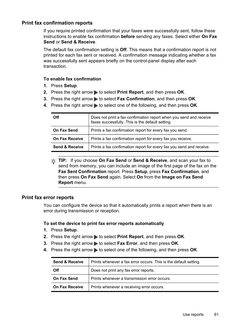 Print fax confirmation reports, Print fax error reports | HP Officejet J4680 User Manual | Page 65 / 196