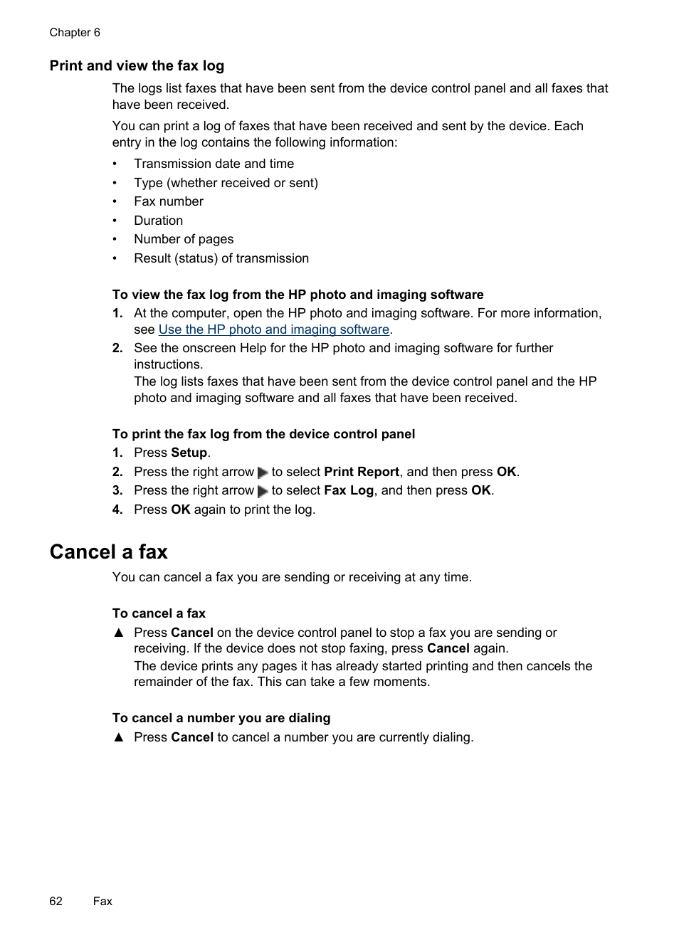 Print and view the fax log, Cancel a fax | HP Officejet J4680 User Manual | Page 66 / 196