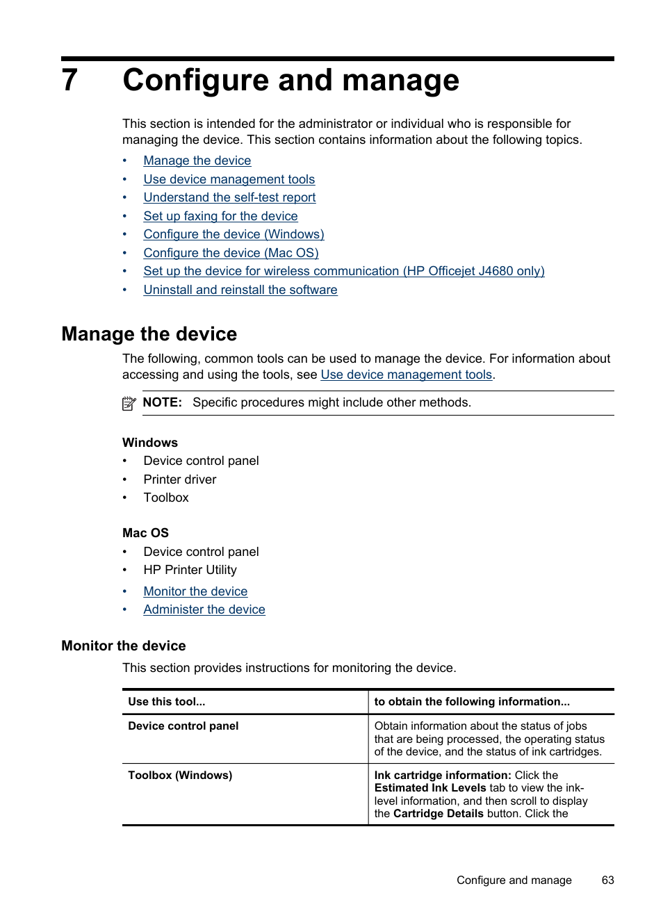 Configure and manage, Manage the device, Monitor the device | 7 configure and manage, Monitor the device administer the device, 7configure and manage | HP Officejet J4680 User Manual | Page 67 / 196