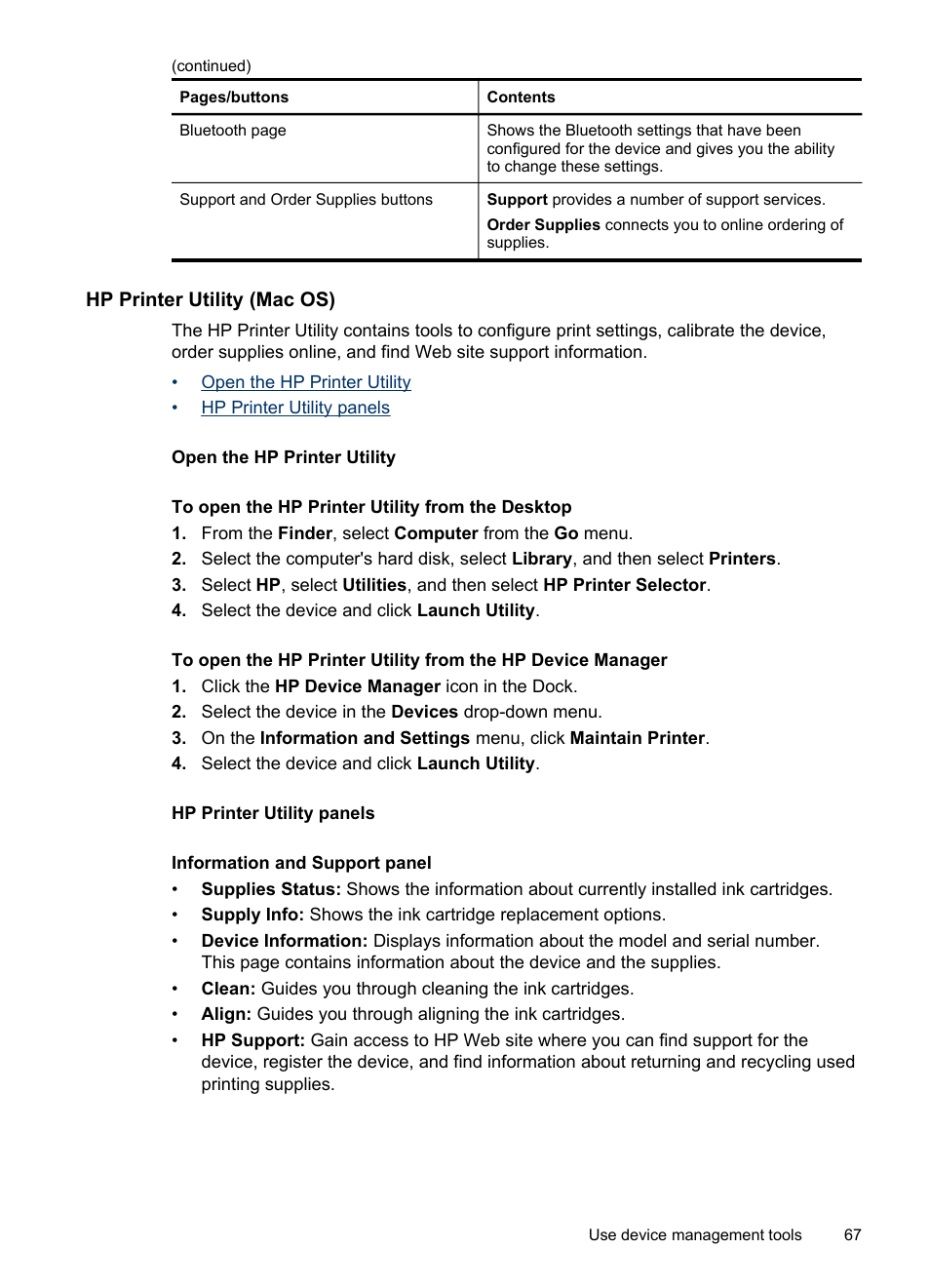 Hp printer utility (mac os), Open the hp printer utility, Hp printer utility panels | Printer utility (mac os) | HP Officejet J4680 User Manual | Page 71 / 196