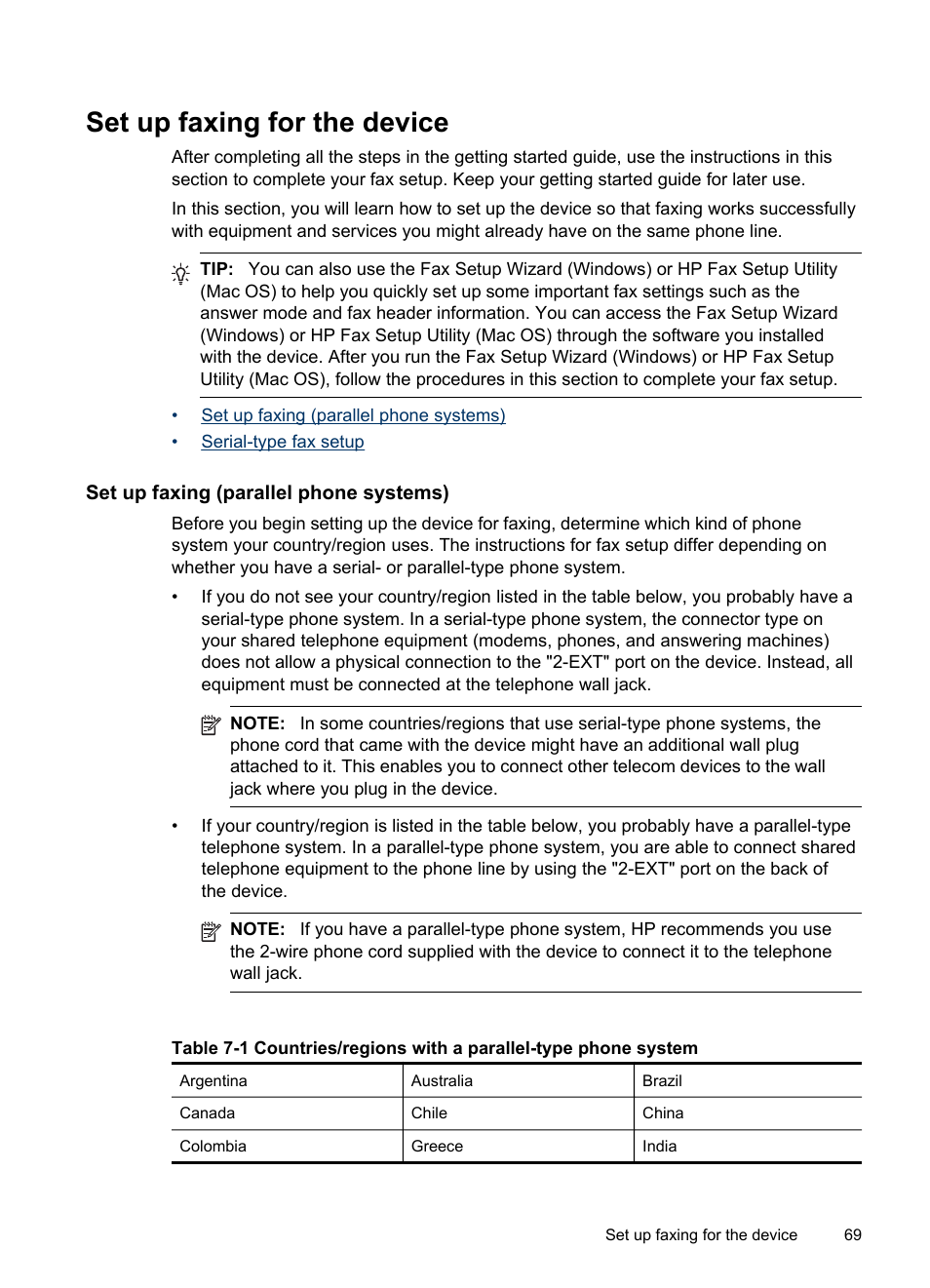 Set up faxing for the device, Set up faxing (parallel phone systems), Serial-type fax setup | HP Officejet J4680 User Manual | Page 73 / 196