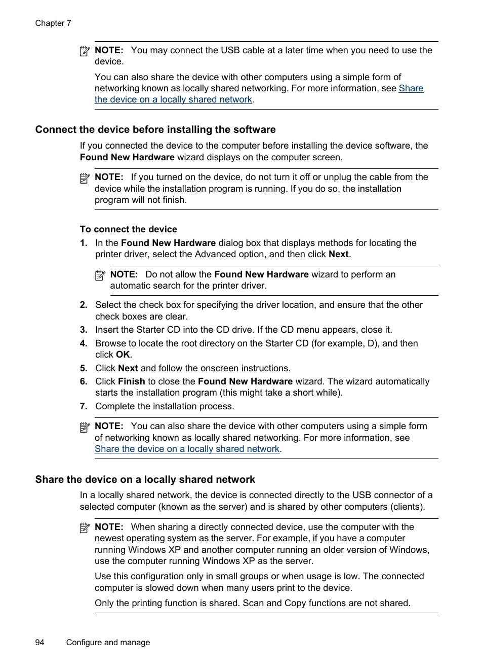 Connect the device before installing the software, Share the device on a locally shared network, Connect the | Device before installing the software | HP Officejet J4680 User Manual | Page 98 / 196