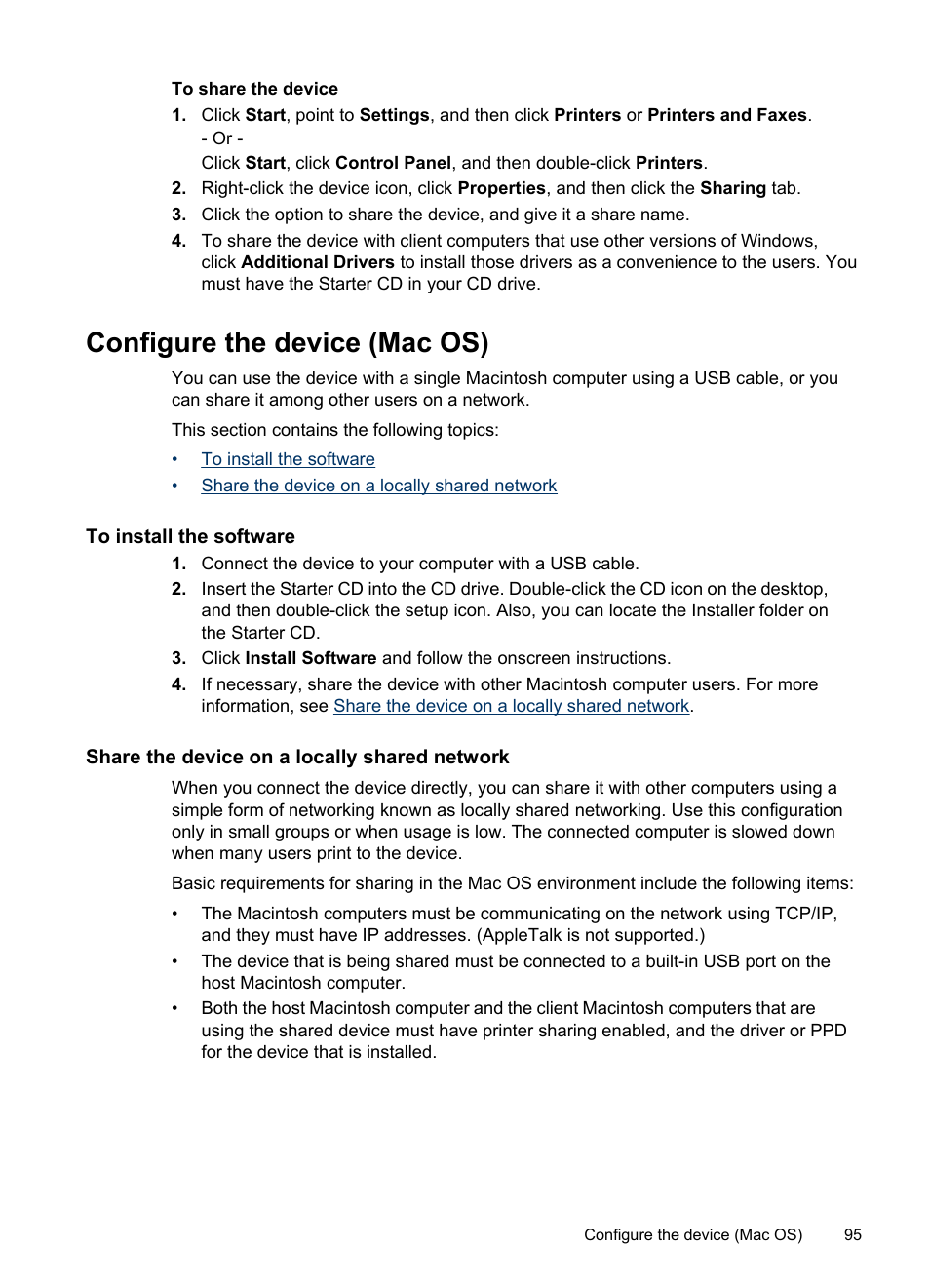 Configure the device (mac os), To install the software, Share the device on a locally shared network | HP Officejet J4680 User Manual | Page 99 / 196