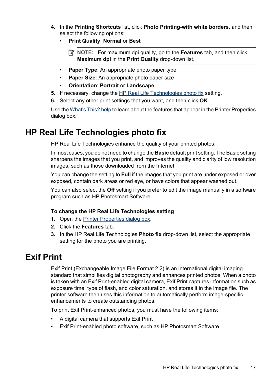 Hp real life technologies photo fix, Exif print, Hp real life technologies photo fix exif print | Exif print-formatted | HP Deskjet D1420 Printer User Manual | Page 19 / 88