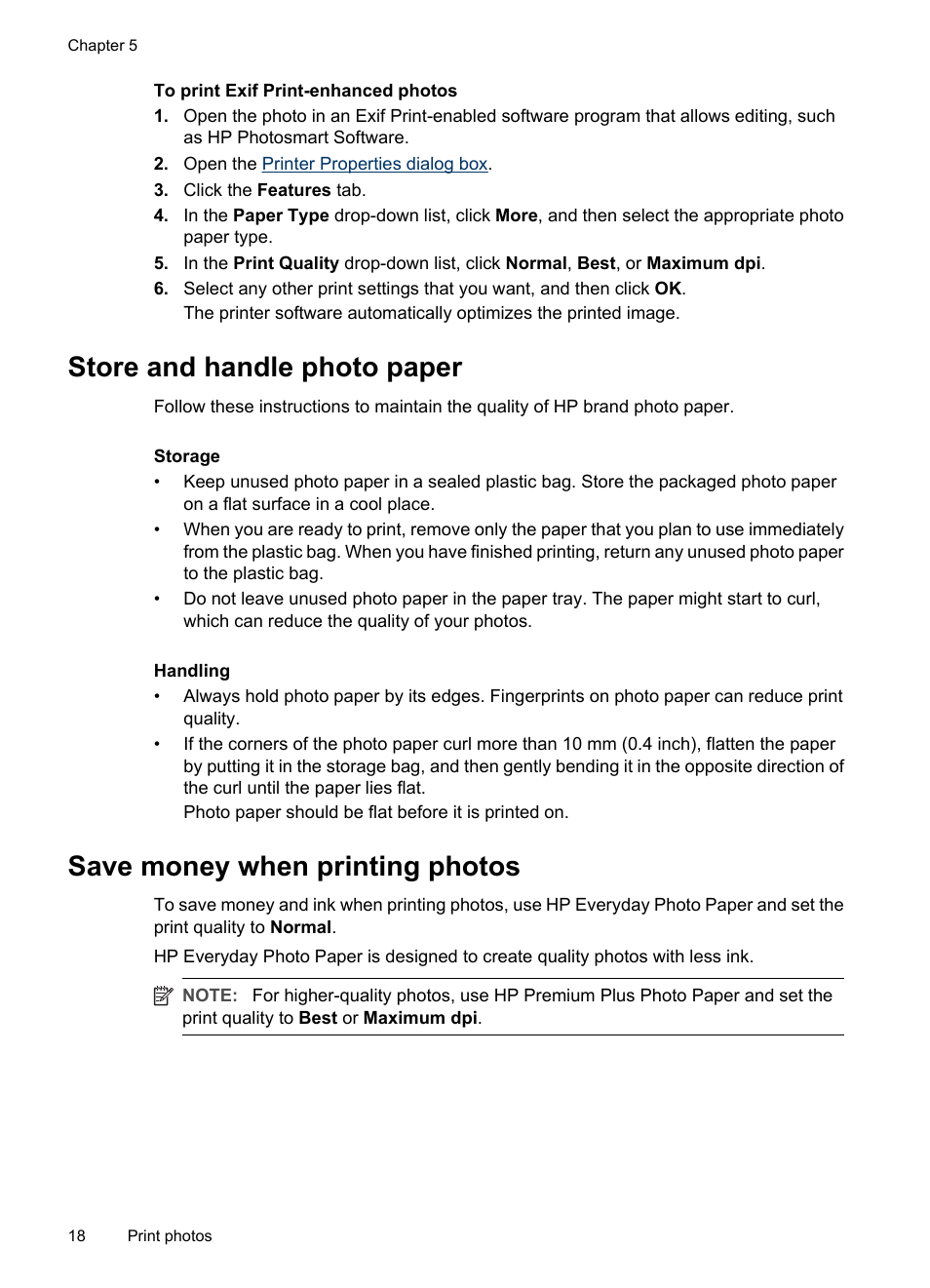 Store and handle photo paper, Save money when printing photos, Photo paper storage and handling | Guidelines, Save money and ink, Photo paper storage instructions | HP Deskjet D1420 Printer User Manual | Page 20 / 88