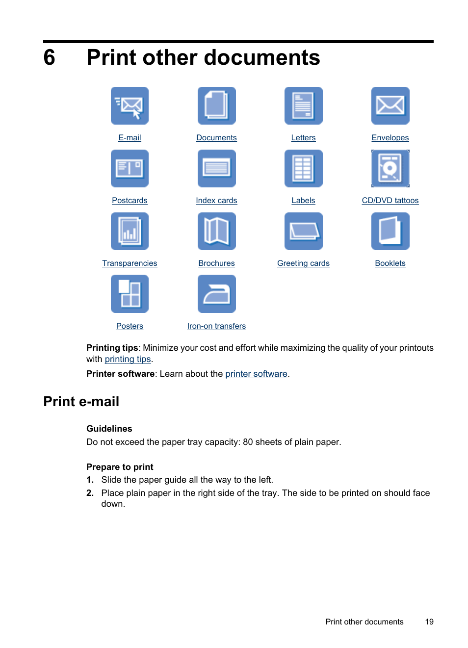 Print other documents, Print e-mail, 6 print other documents | 6print other documents | HP Deskjet D1420 Printer User Manual | Page 21 / 88